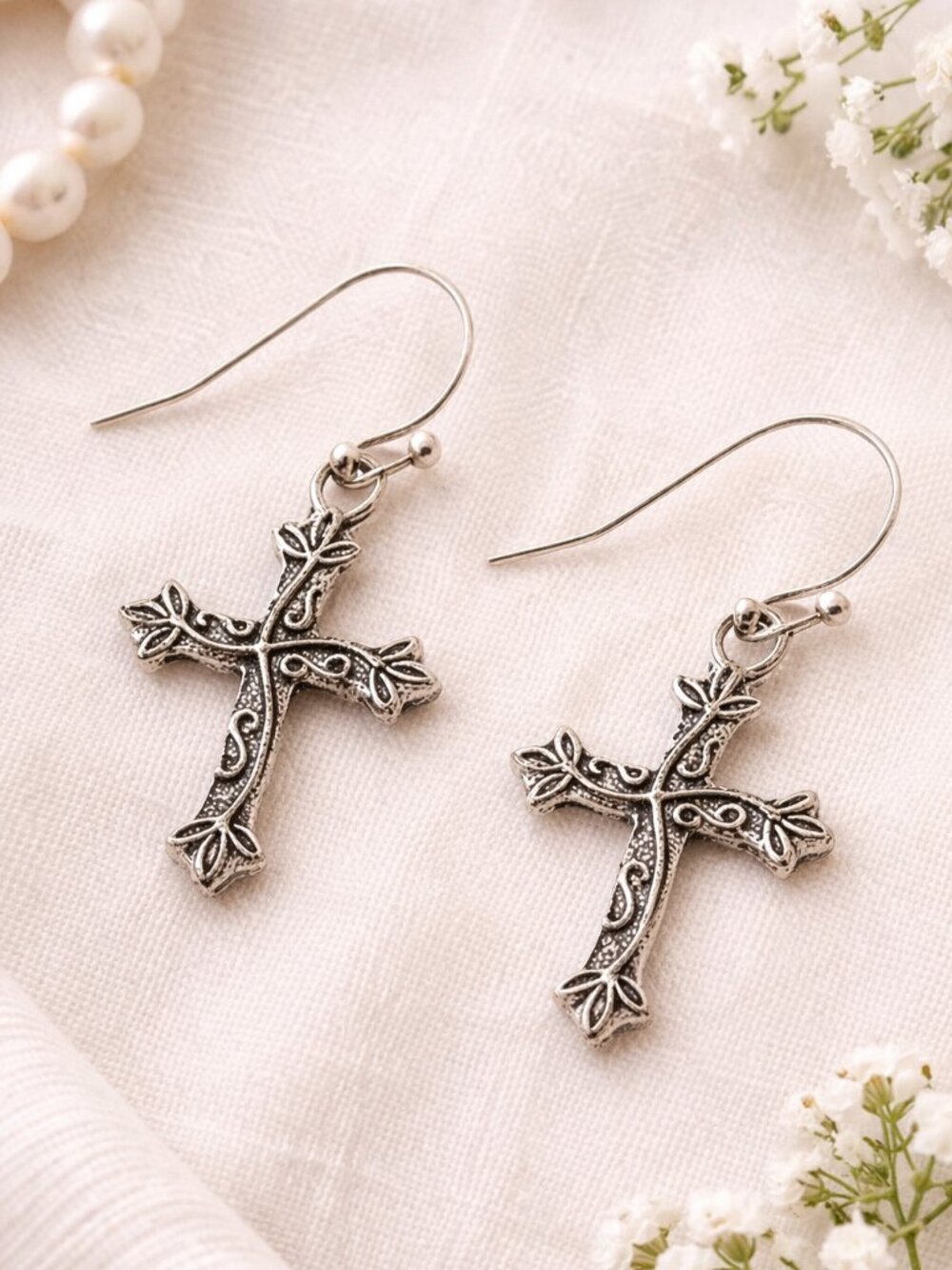 Dainty Antiqued Silver Ornate Cross Dangle Earrings